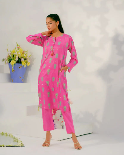 Women's pink printed kurta set, side view, long sleeves and straight pants