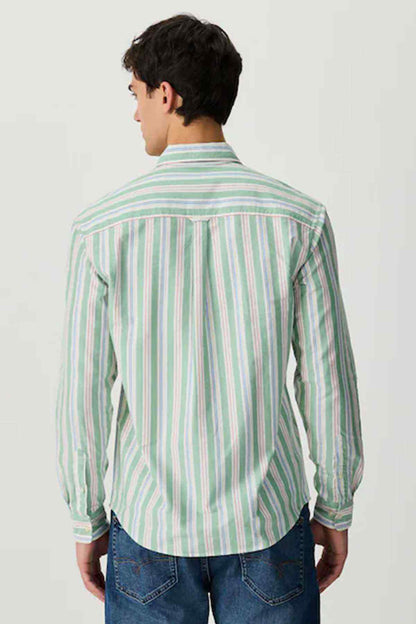 Men's green striped button-up shirt, back view