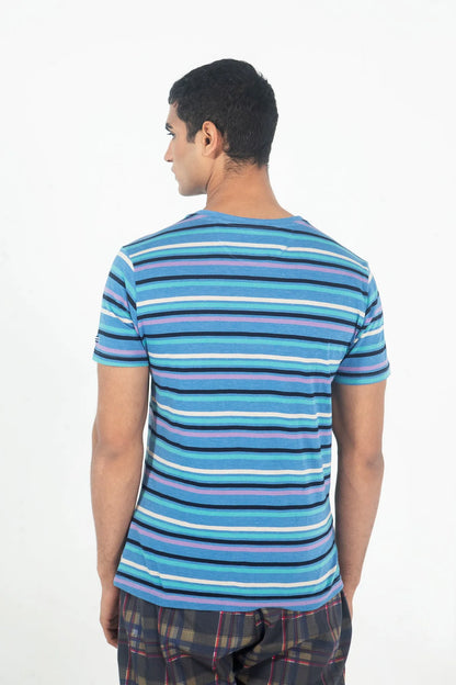 Men's blue striped crew-neck T-shirt, back view