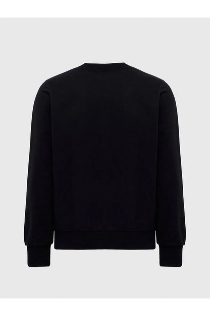 Black crewneck sweatshirt back view with ribbed cuffs and hem