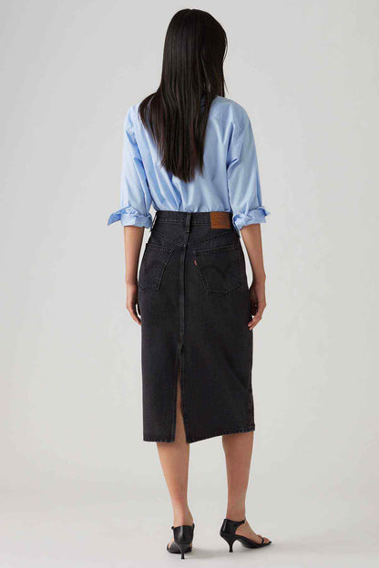 Black denim midi skirt, back view with center yoke and straight hem