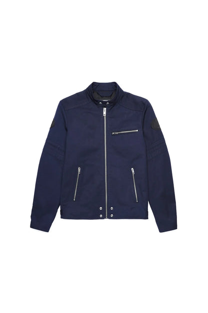 Navy short bomber jacket with stand collar, centered zipper, and side zip pockets