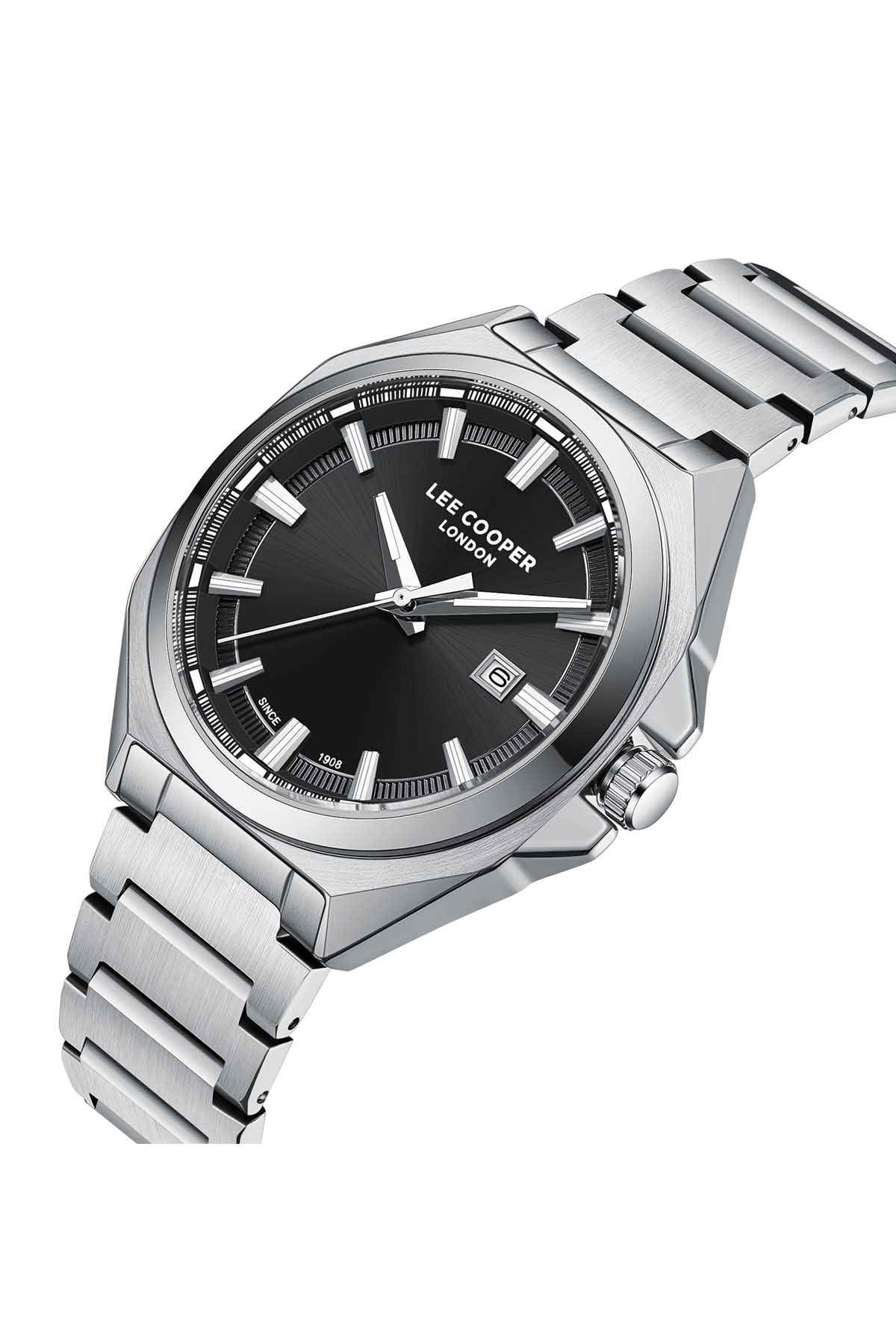 Silver stainless steel wristwatch with black dial, three hands, side crown