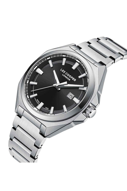 Silver stainless steel wristwatch with black dial, three hands, side crown