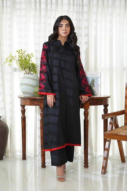 Dhaga black long kurta with red floral sleeve panels and contrast red hem