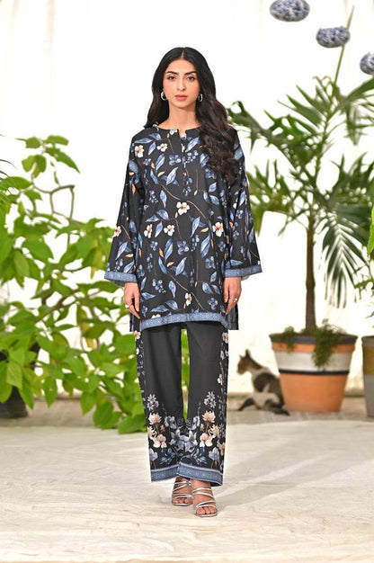 Floral tunic and pants set in dark blue with white/cream blossoms and border trim