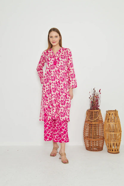 Pink floral long-sleeve maxi dress with button placket and side slit