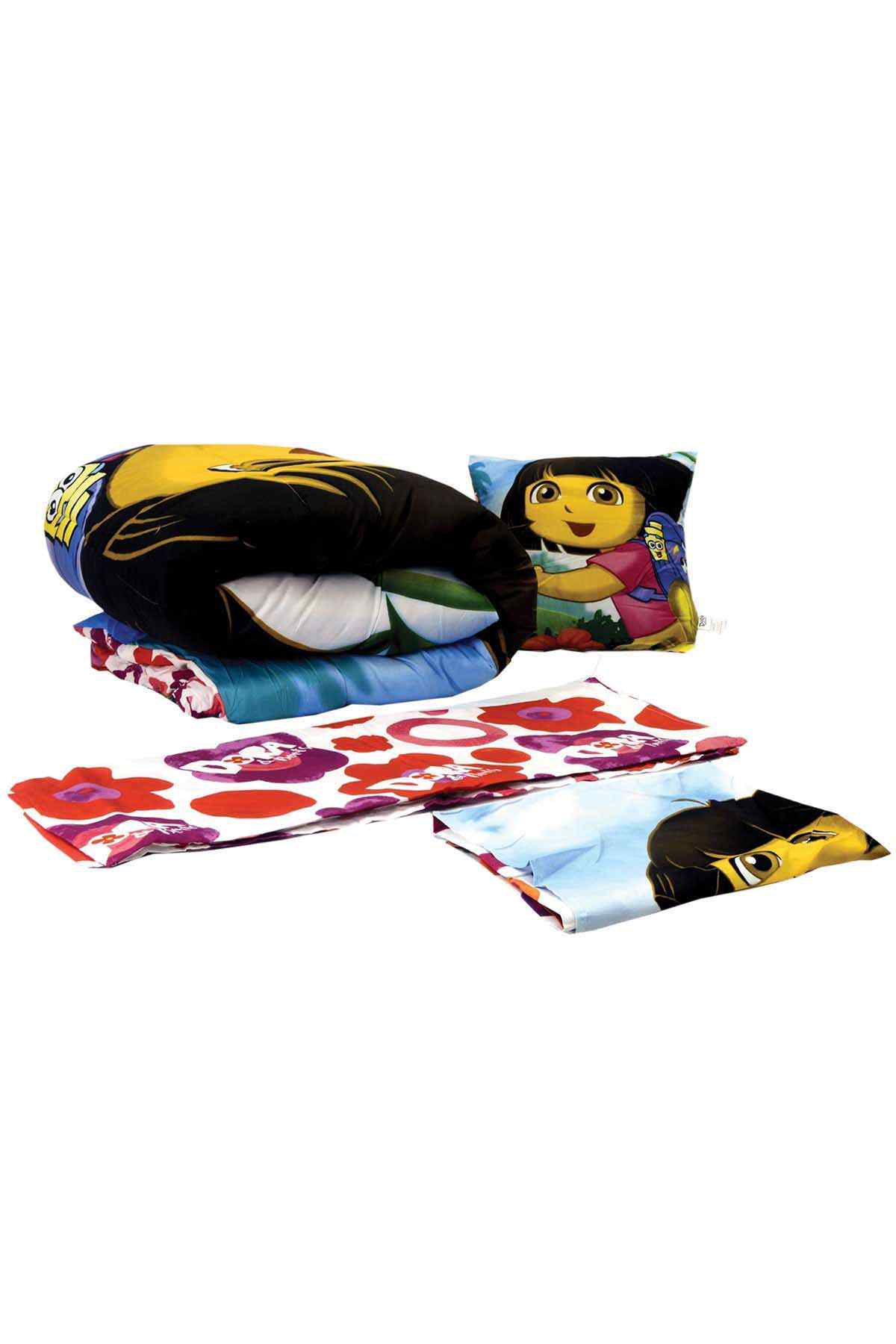 Kids comforter set with Dora character pillow and sheets, folded with multicolor prints