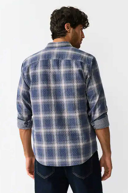 Men’s blue plaid button-up shirt, back view, long sleeves