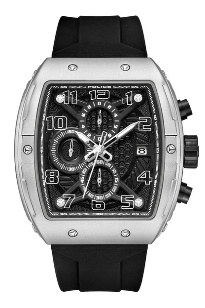 Police watch with black rubber strap, silver case, black chronograph-style dial.