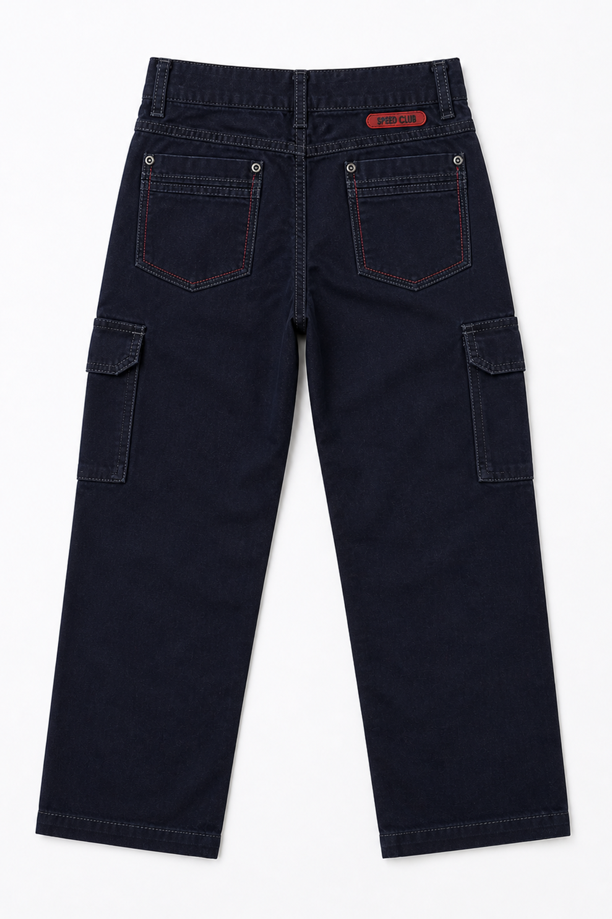 Kids navy cargo jeans with patch front pockets and buttoned side cargo pockets