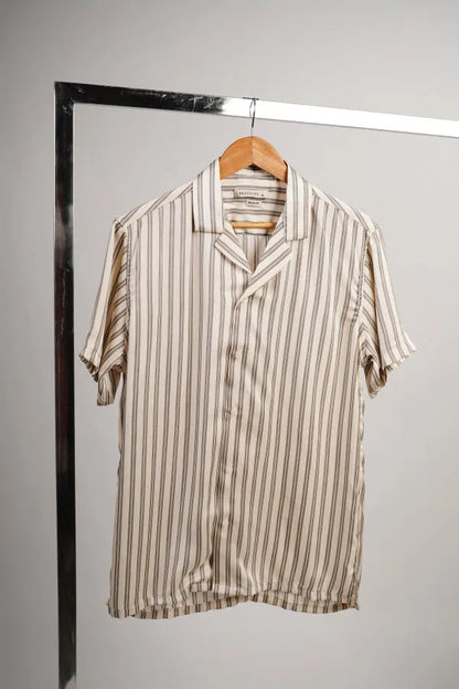 Brackets striped short-sleeve shirt on hanger, beige with dark vertical stripes