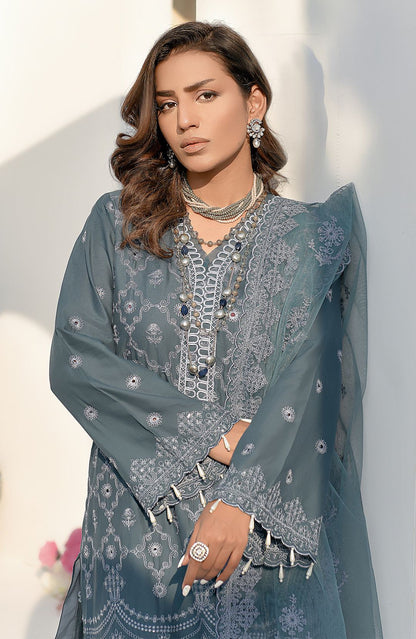 Fiona stone blue embroidered neckline and sleeves with dangling bead trim