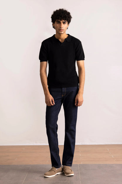 Black short-sleeve polo shirt with ribbed knit texture and collared neckline
