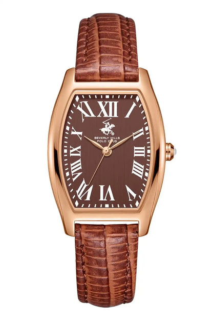 BHPC rose-gold wristwatch with brown leather strap and Roman numeral dial