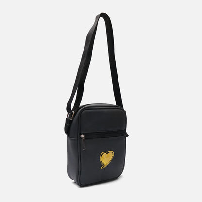 Black mini shoulder bag with adjustable strap and yellow heart emblem