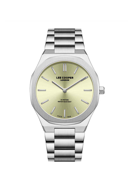 Lee Cooper silver metal watch with yellow dial and baton hour markers