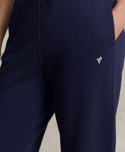 Navy jogger pants with small logo on thigh