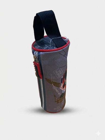 Cylindrical bottle pouch with carry handle, zipper opening, multicolor city print