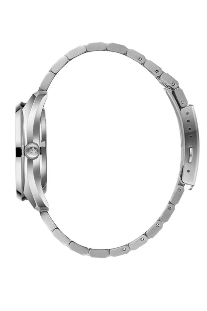 Silver metal wristwatch case and link bracelet, side profile with crown