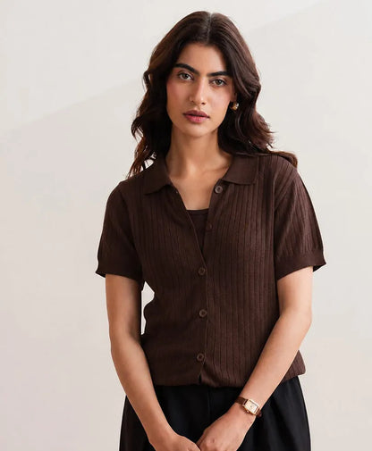Brown ribbed knit button-up polo shirt, short sleeves, collared neckline