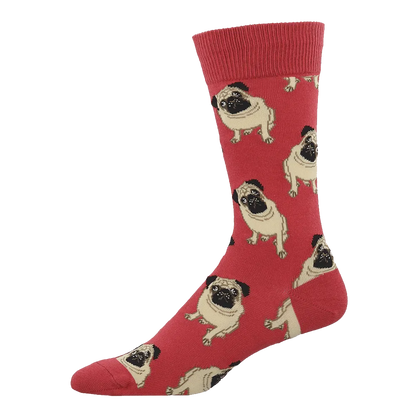 Red pug face crew socks with allover pattern