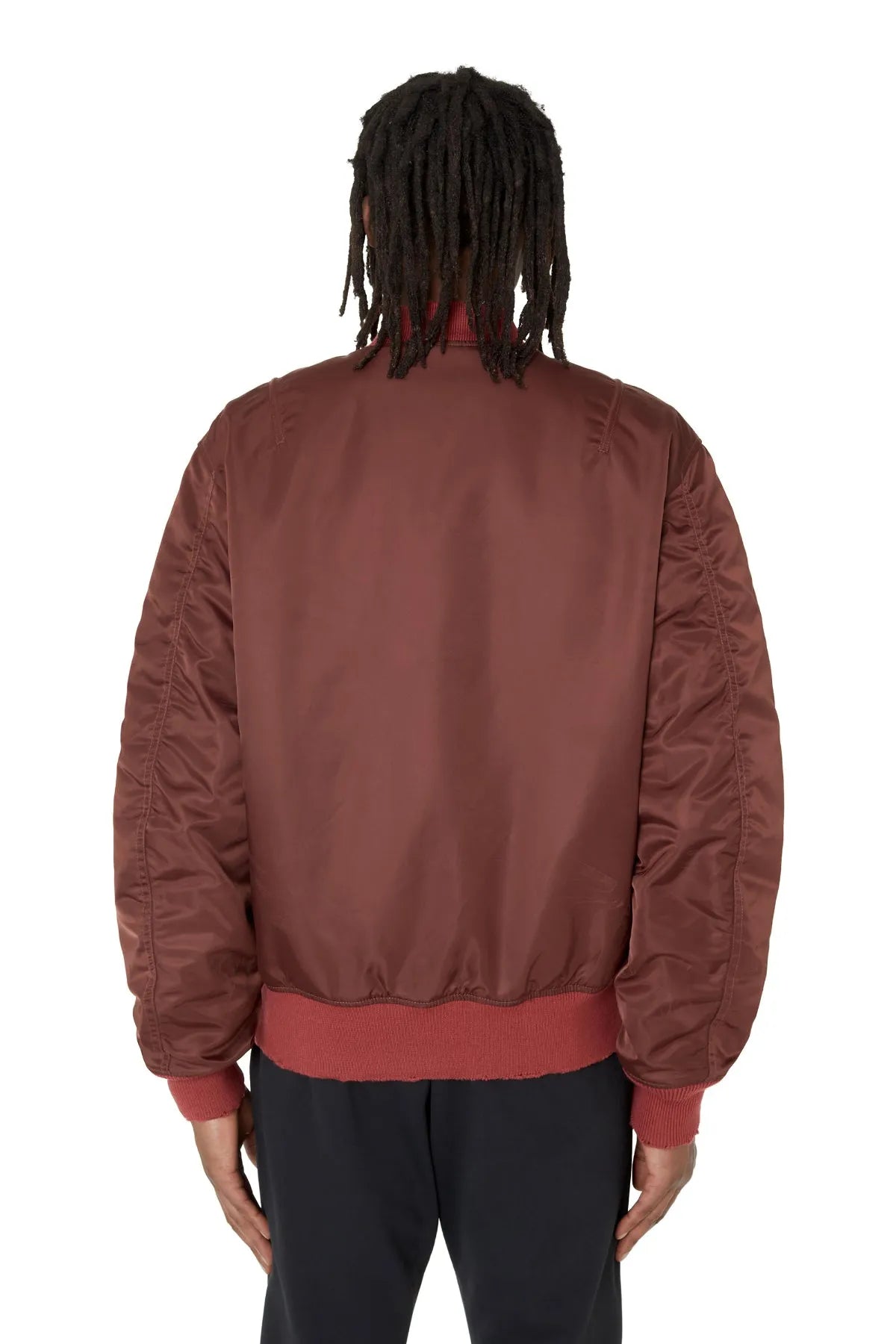 Brown satin bomber jacket, back view with ribbed hem and quilted-looking seams