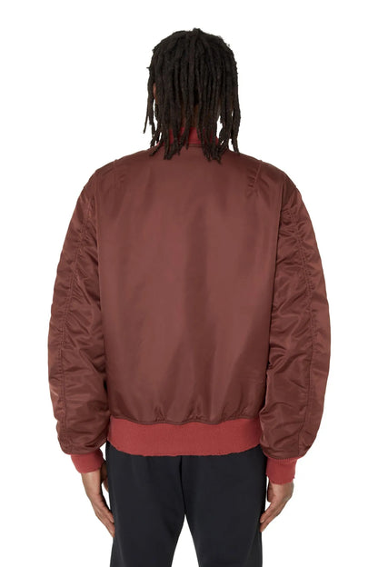 Brown satin bomber jacket, back view with ribbed hem and quilted-looking seams