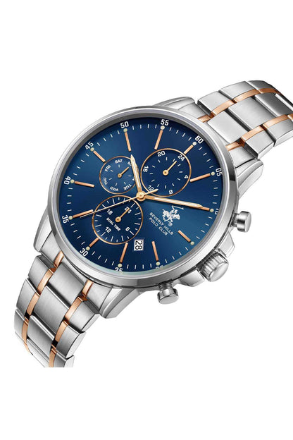 Two-tone steel wristwatch with blue face and rose-gold hour markers, side crown