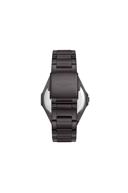 Lee Cooper gun-tone wristwatch, black bracelet and case back view