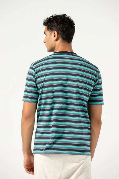 Jockey striped crewneck T-shirt back, navy with teal and white horizontal stripes
