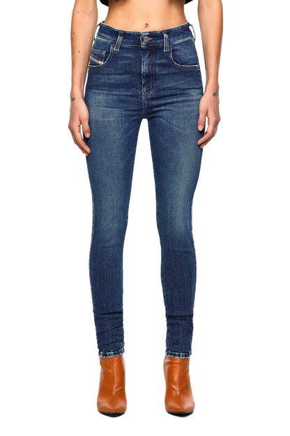 Blue denim slim jeans with belt loops, button closure, and five-pocket design