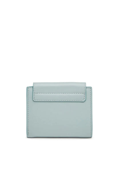 Light blue bi-fold wallet back view with stitched flap detail
