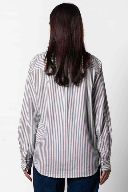Levi's striped button-up shirt, back view, light gray/white vertical stripes, buttoned cuffs