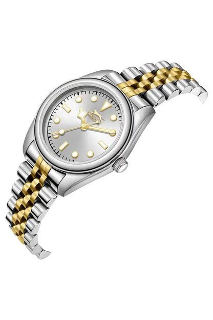 Silver and gold analog wristwatch angled view, round face with gold-tone markers and hands