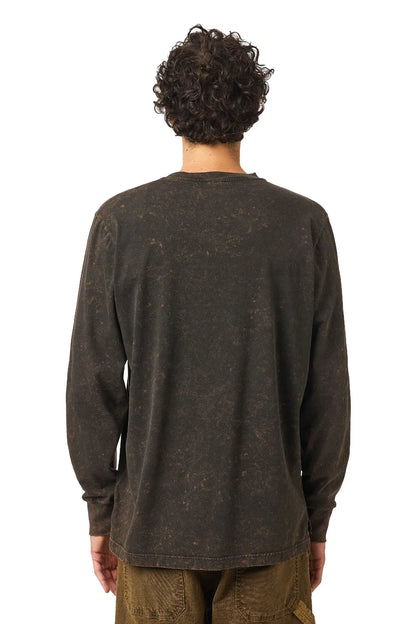 Dark brown speckled crewneck long-sleeve shirt, back view