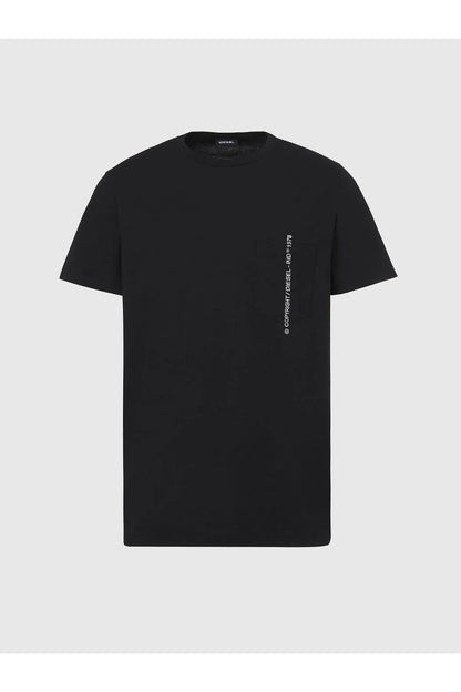 Black crew-neck T-shirt with small logo detail on right chest