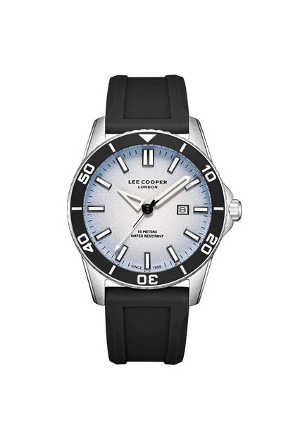 Lee Cooper wristwatch with black silicone strap and silver bezel, round dial
