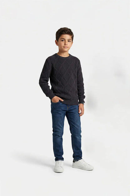 Black cable-knit crewneck sweater, long sleeves