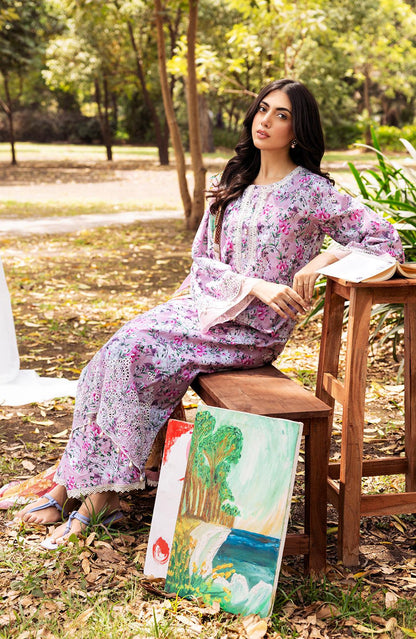 Lilac floral long dress with lace trim, styled for seated pose