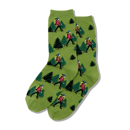 Green crew socks featuring soldiers and pine trees all over, crew cuff