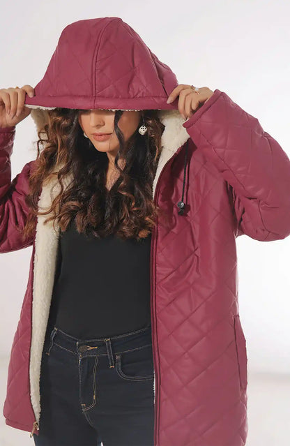 Quilted burgundy hooded jacket with sherpa lining and zip front.