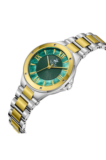 Two-tone wristwatch angled view with green dial, gold hour markers, metal link bracelet