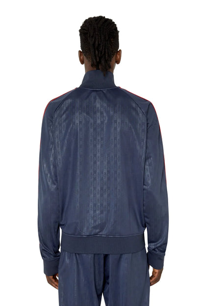 Diesel blue track jacket back view with full zip, stand collar, red piping