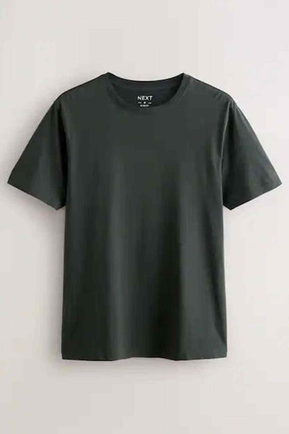 Olive green crewneck short-sleeve T-shirt, front view, tag at collar
