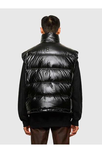Men's black puffer jacket, back view with quilted blocks and stand collar