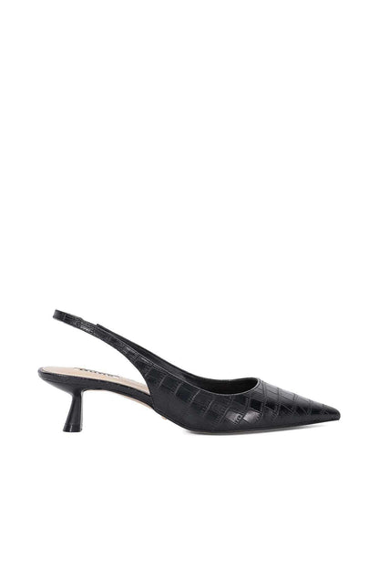 Black croc-embossed slingback pump with pointed toe and mid block heel
