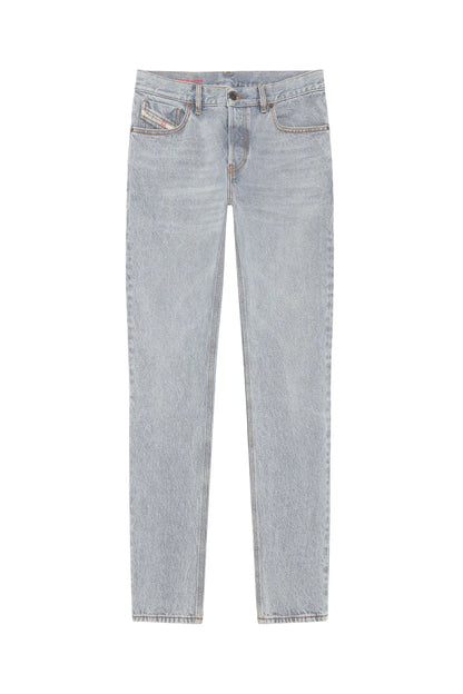 Diesel light grey denim jeans, front view, button fly and stitched pockets