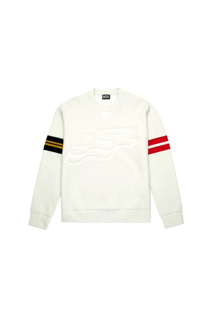 Cream crewneck sweatshirt with raised D logo and striped sleeves