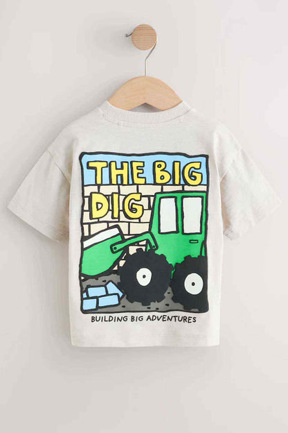 White kids graphic T-shirt with back 'The Big Dig' tractor and building print, crew neck